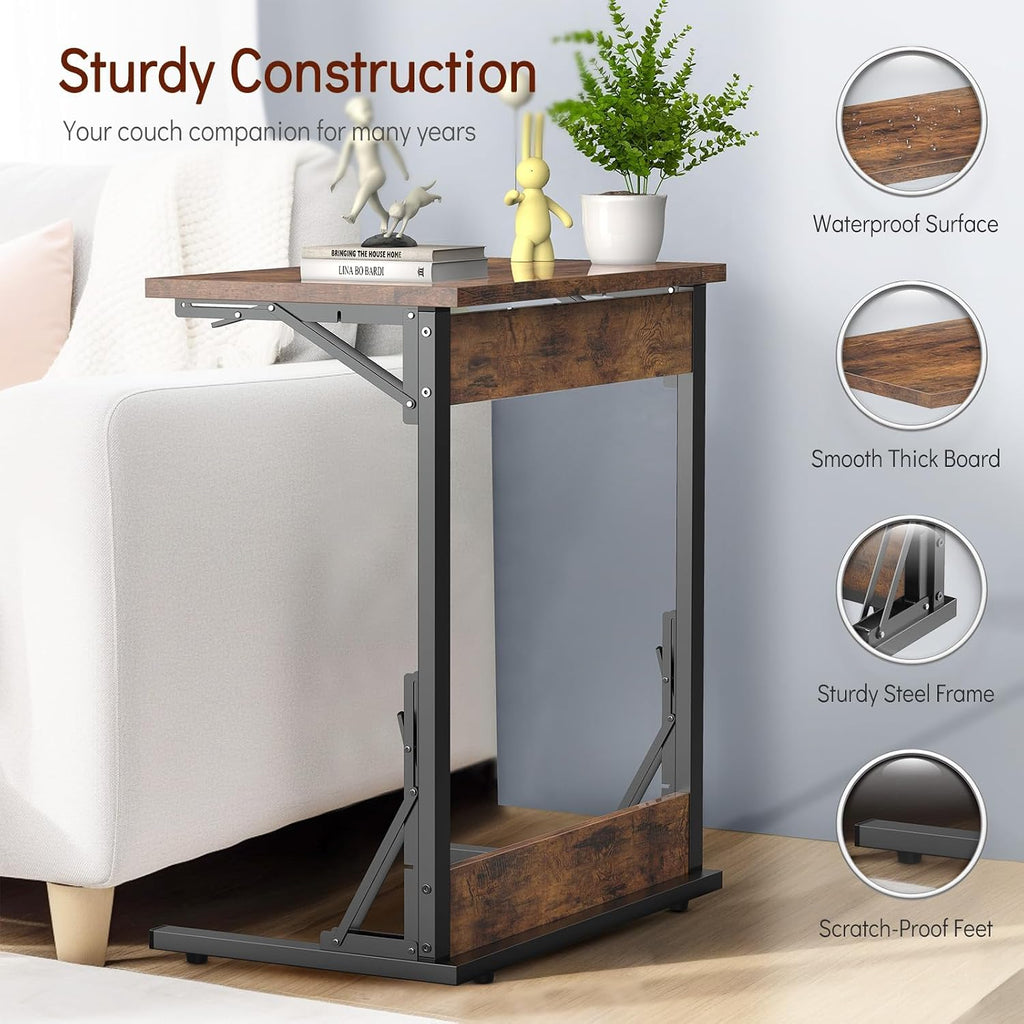 Tatub 24' Folding C Shaped End Table Set of 4, Small Sofa Side Laptop Desk, Couch TV Tray Table for Living Room, Bedroom, Rustic Brown