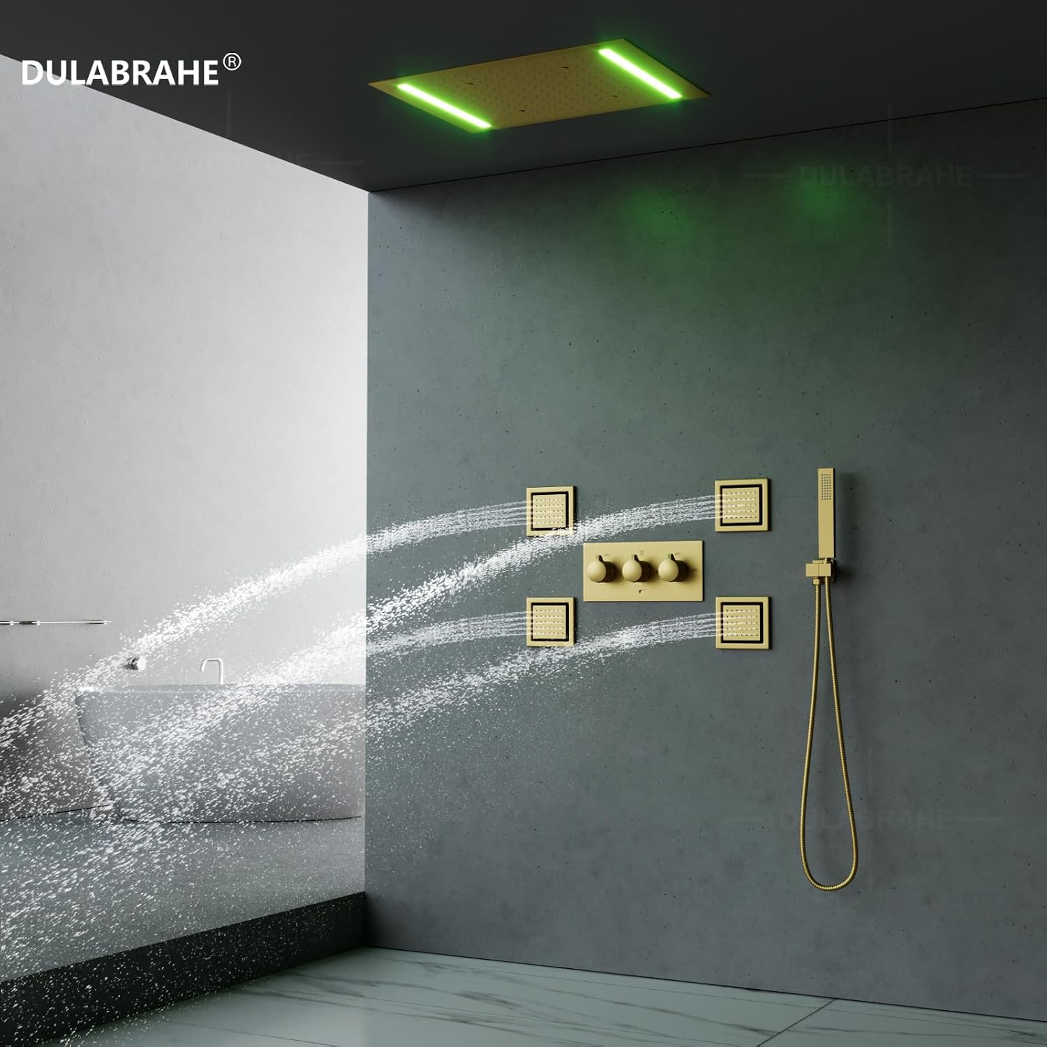 Bathroom Brushed Gold Ceiling 20X14 Inch Rain Shower Head With LED Control Spa Bath Body Massage Combo Set Luxury Rainfall Shower System Fixtures