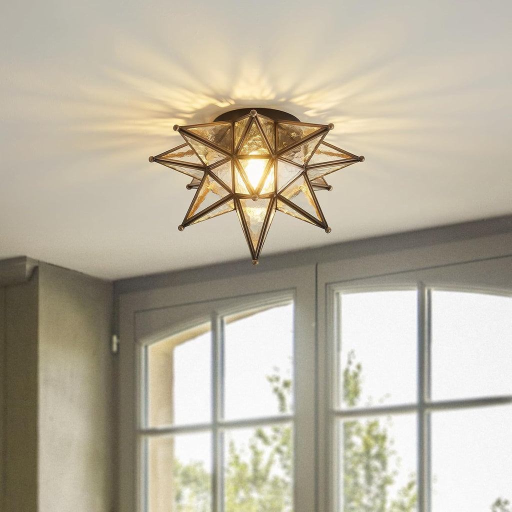 Moravian Brass Star Ceiling Light - 12.7 Inch Oil Rubbed Bronze Black Vintage Flush Mount Lighting Fixtures - Art Deco Moroccan Glass Fixture Lights for Hallway Kitchen Farmhouse Bedroom Entryway