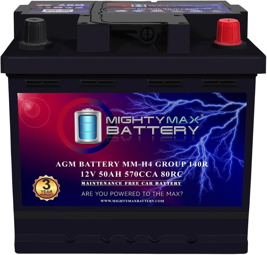 Mighty Max Battery MM-H4 Start and Stop Car BCI Group Size 140R 12V 50 AH, 80RC, 570 CCA Rechargeable AGM Car Battery