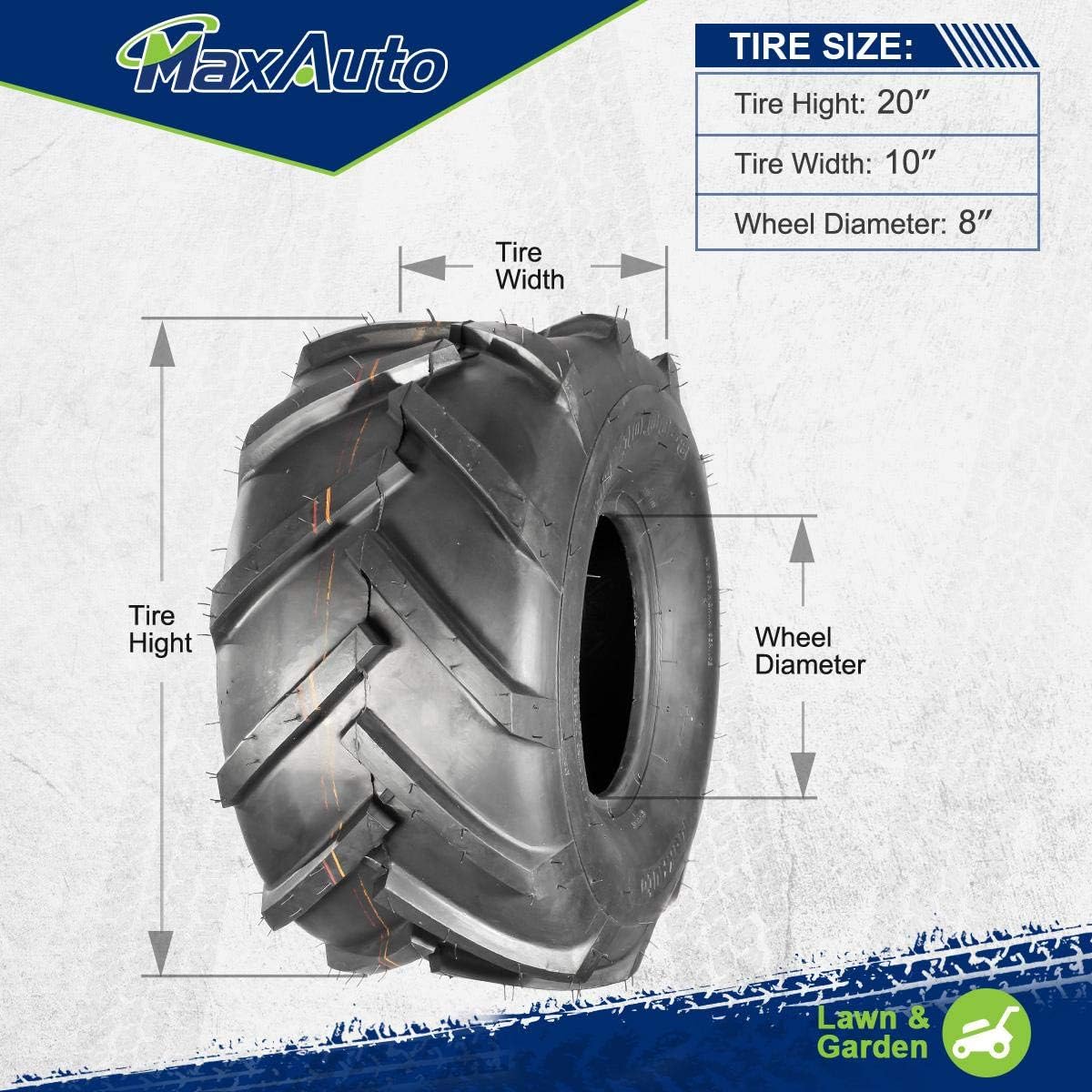 MaxAuto 20x10-8 Ag Lug Riding Mower Tires, 20x10.00-8 Garden Tractor Turf Tires, 20x10x8 Super Lug Ag Tractor Tire, 4Ply Tubeless, 1190lbs Capacity, Set of 2