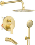 Gabrylly Shower System with Tub Spout, Bathtub Shower Faucet Set with 12' Rain Shower head and 5-Setting Handheld Shower, Wall Mounted Shower Fixtures with Pressure Balance Shower Valve, Brushed Gold