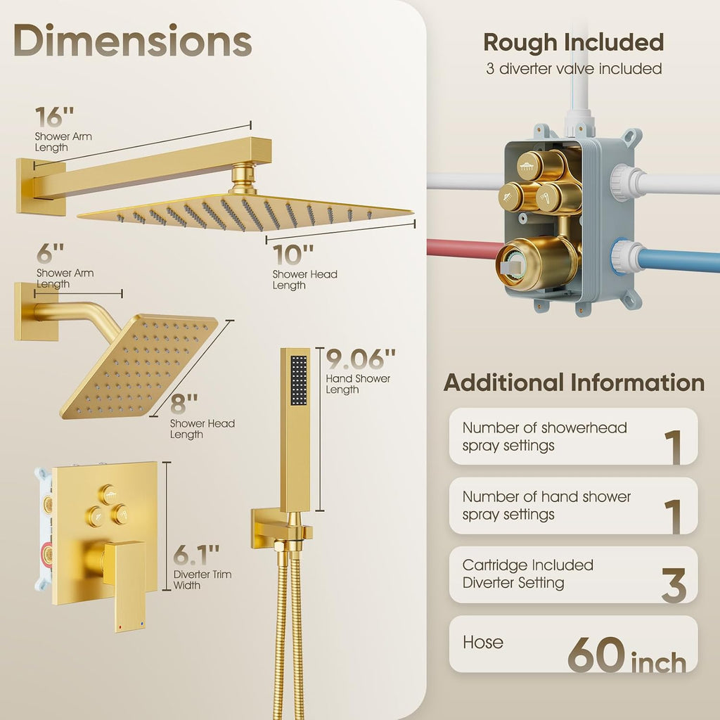 Shower Faucet Set Brushed Gold, 10+8' Dual Rain Shower Head with Handheld Spray for Two People,Wall Mount Rainfall 3 Way Shower Valve and Trim Kit Complete