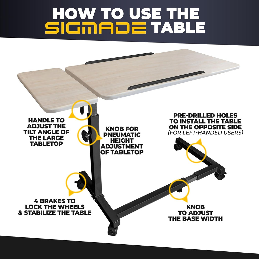 Recliner Table, Over the Bed Table with Wheels, Adjustable Width & Height, with Split Tilt Design & 4 Caster Wheels with Brakes (Beechwood Tabletop, Black Base)