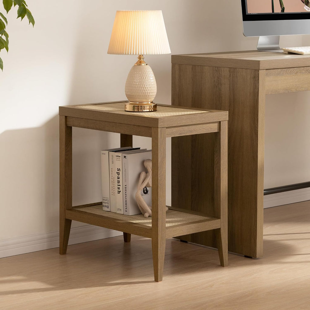 SICOTAS Rattan Night Stand Bedside Table - Farmhouse Boho Narrow End Table for Living Room - Accent Side Table with 2 Rattan Open Storage Shelves for Bedroom, Small Spaces