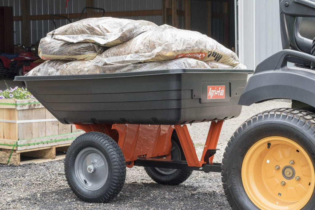 Agri-Fab 45-0533 650 lbs Tow Behind Poly Dump Cart, 10 CU. FT.; Lawn & Garden Cart/Trailer for Lawn Mowers, 16' Pneumatics Tires, Easy to Use Foot Pedal Dumping Lever