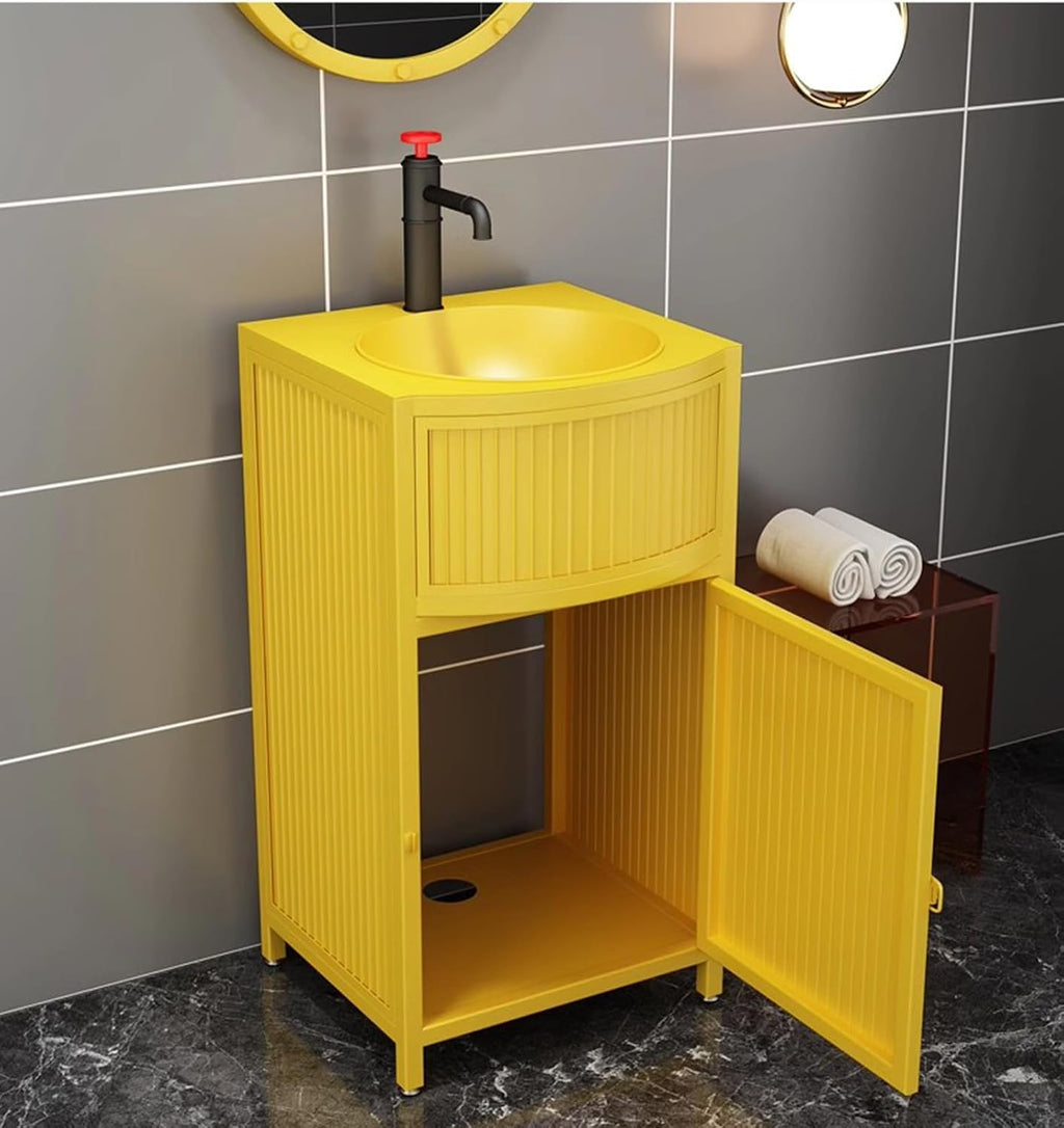 Small Bathroom Vanity with Sink - Industrial Style Free Standing Sink Cabinet and Wrought Iron Vanity Unit with Basin Sink, Drain, and Faucet for Hot and Cold Water,Black-with Mirror