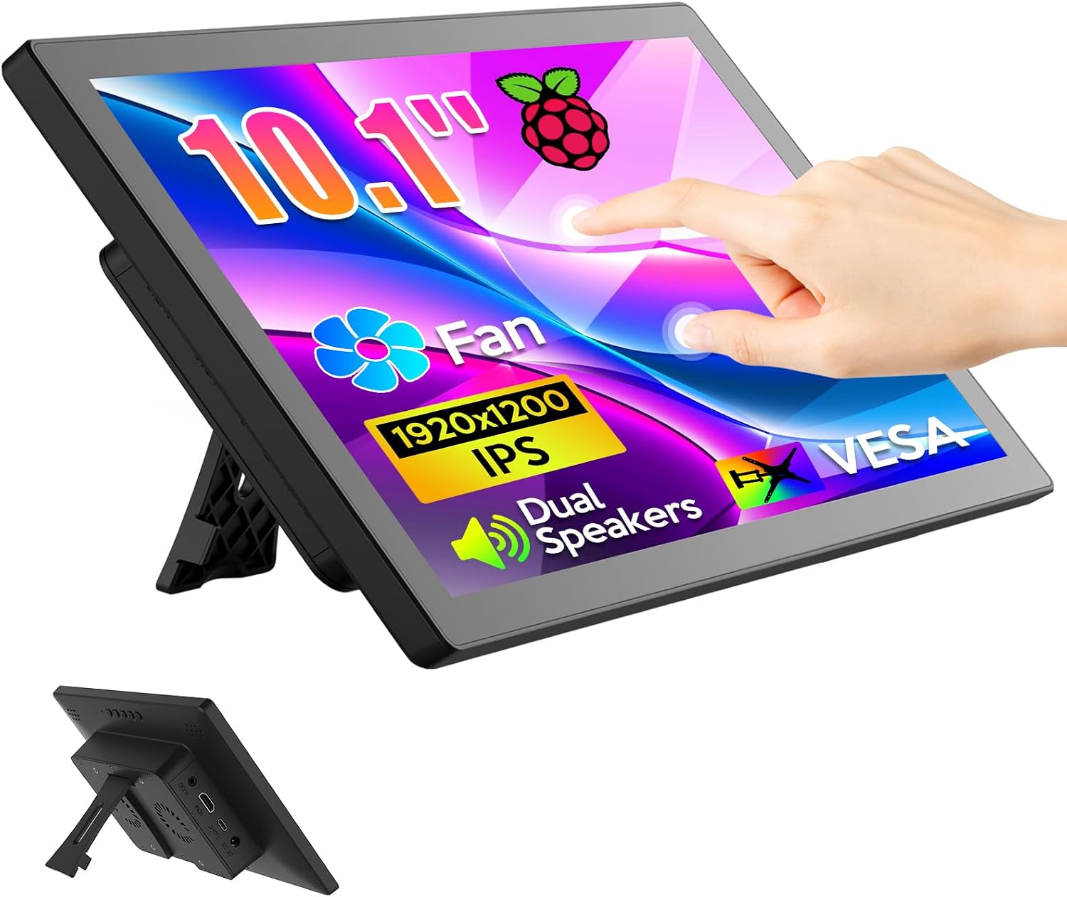 10.1 Inch Touchscreen Monitor - 1920x1200 HDMI Touch Screen Monitor, 10-Point IPS 16:10 Rpi Screen Display for Pi 5/4/3/2/Zero/B/B+ Win11/10/8/7 W/VESA,Speaker,Fan,Stand Driver-Free