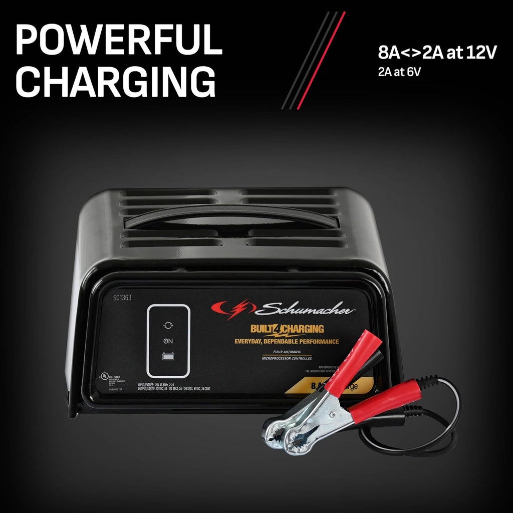 Schumacher Electric 8A Car Battery Charger and Maintainer, 3-in-1 Solution, for 6V/12V Power Sport, Automotive, and Marine Batteries, SC1363 (Pack of 2)
