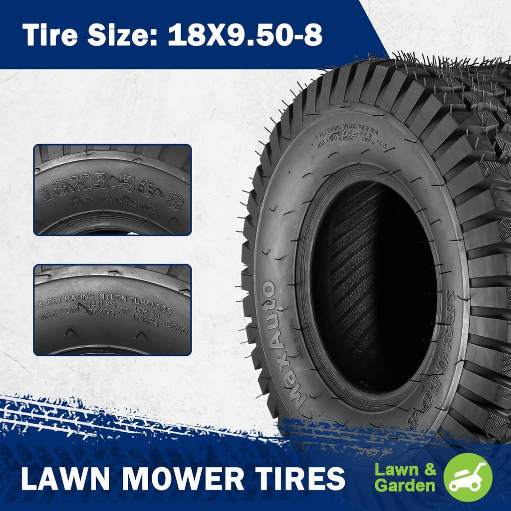 MaxAuto Lawn Mower Tires 15x6.00-6 Front & 18x9.50-8 Rear Tire, for Lawnmowers, Riding Lawn Mower, Lawn Tractor, Golf Cart, 4 Ply Tubeless Tire, FOX V1, 4 Pack in 2 Packages