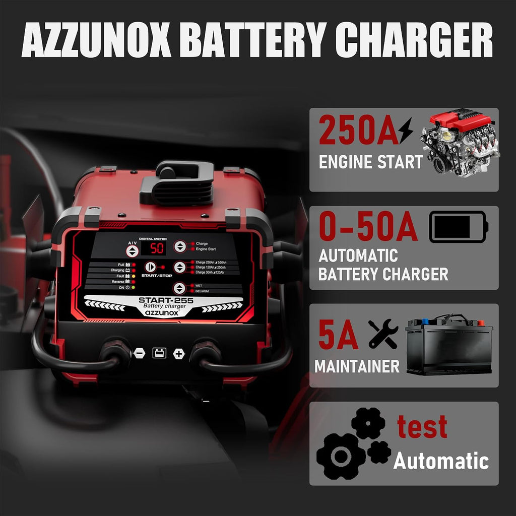 12V 24V Car Battery Charger & Engine Starter, Up to 50A Automatic Battery Maintainer, 250 Cranking Amps, Jump Starter & Smart Trickle Charger