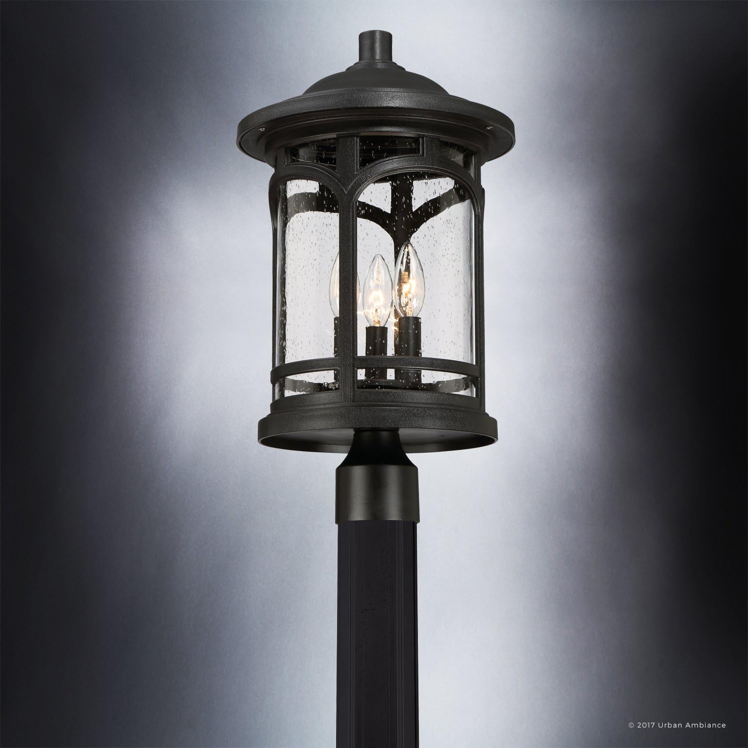 Urban Ambiance Luxury Rustic Outdoor Post Light, Medium Size: 19' H x 11' W, with Colonial Style Elements, Wrought Iron Design, High-End Black Silk Finish and Seeded Glass, UQL1106