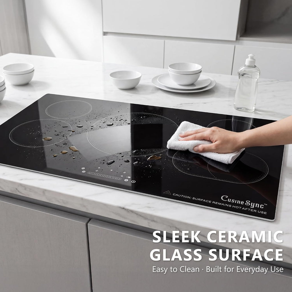 36 Inch Electric Cooktop 5 Burner, Built-In Ceramic Glass Cooktop 220-240V Hardwired, 9200W Radiant Electric Stove Top with Touch Control, 9 Heat Levels, Timer, Safety Lock, Works with All Cookware