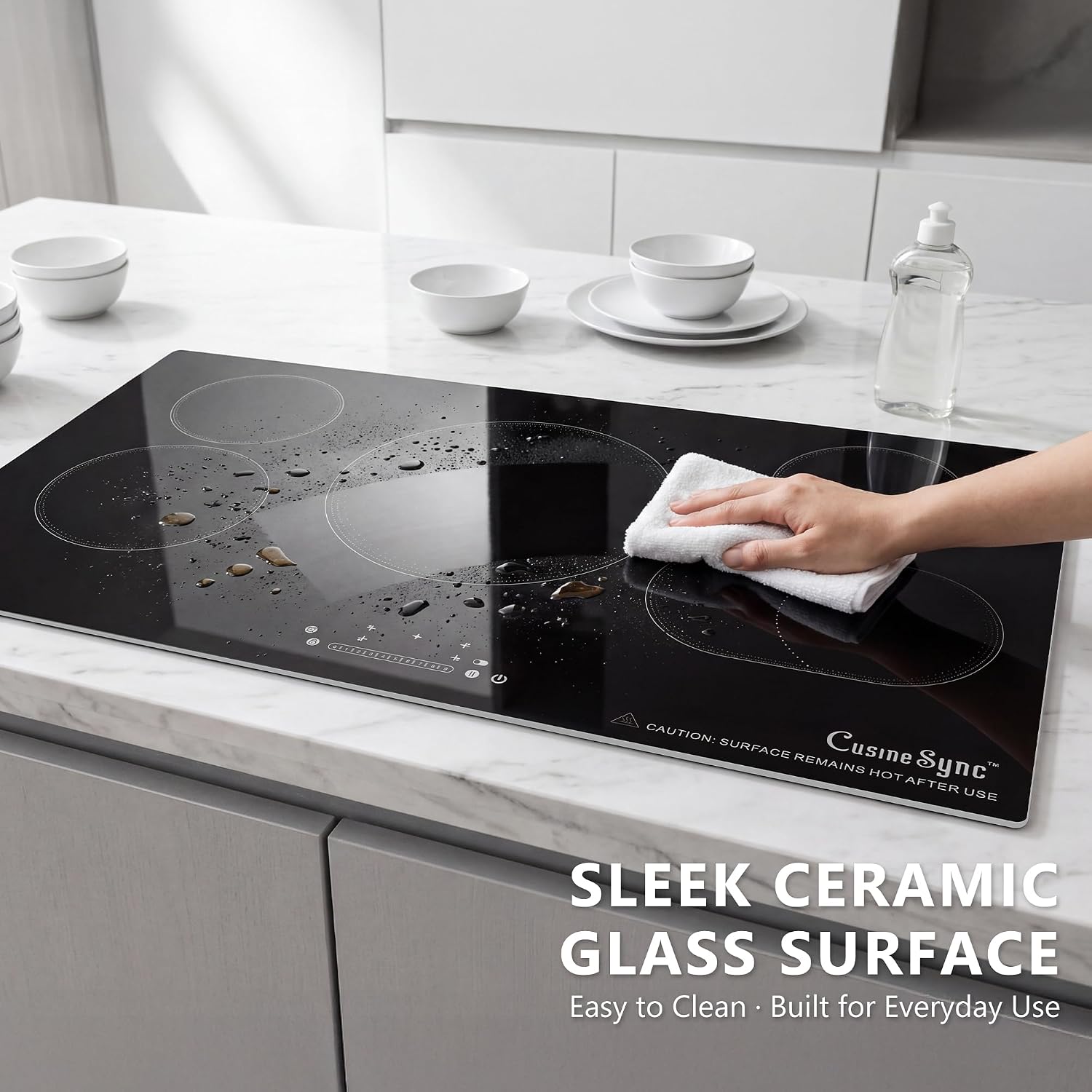 36 Inch Electric Cooktop 5 Burner, Built-In Ceramic Glass Cooktop 220-240V Hardwired, 9200W Radiant Electric Stove Top with Touch Control, 9 Heat Levels, Timer, Safety Lock, Works with All Cookware