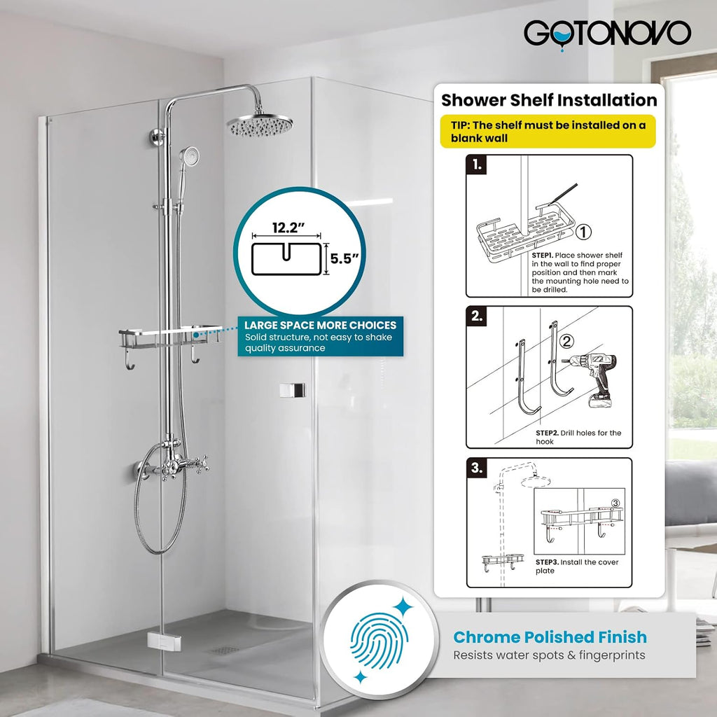 gotonovo Exposed Shower Faucet Set with Shower Shelf 8 inch Rainfall Shower Head with Handheld Sprayer Double Cross Handles Shower System Dual Functions Wall Mounted Polished Chrome