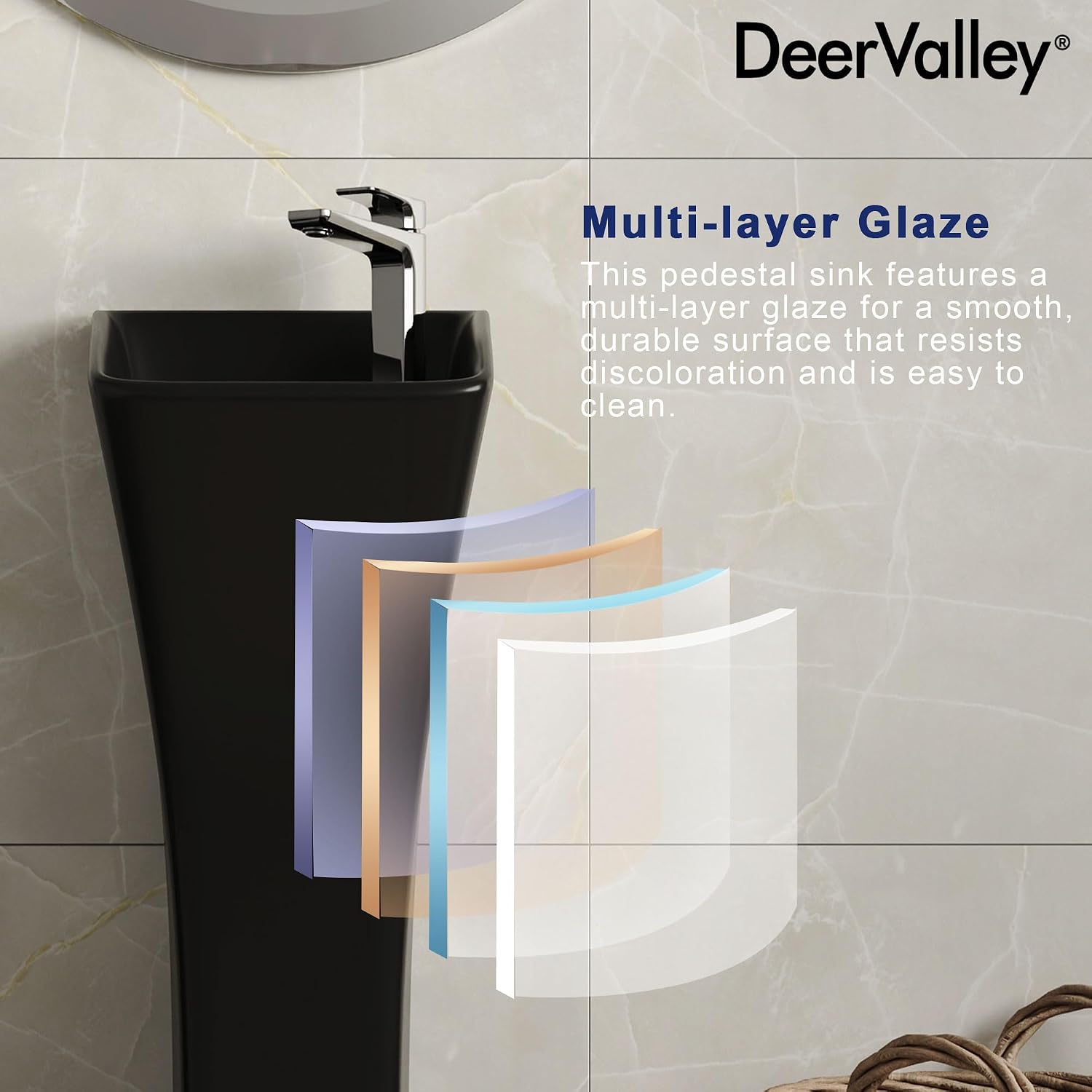 DeerValley Horizon Black Pedestal Sink 11x13 Inch, Modern Ceramic Bathroom Vanity with Overflow for Small Spaces