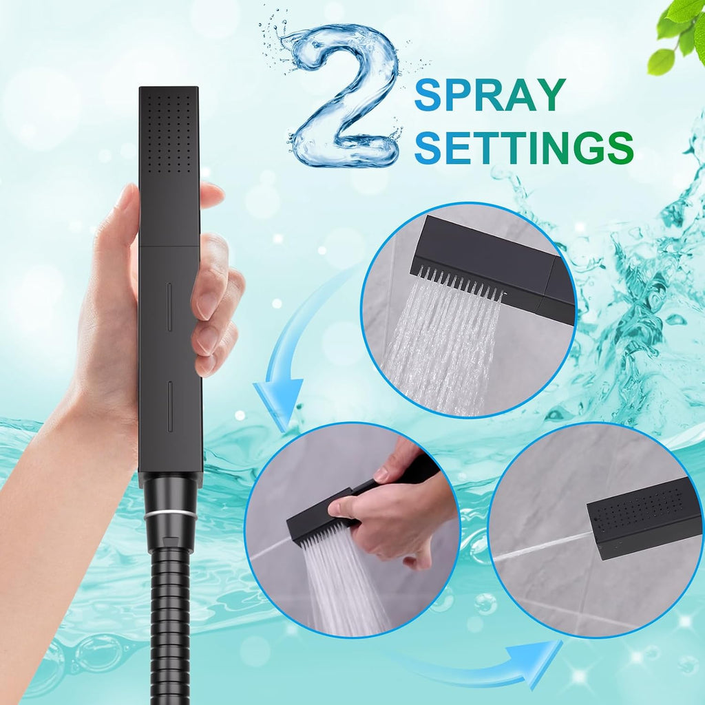 Dual Heads Thermostatic Shower Faucets Set Matte Black Shower System, 4-Way Shower Fixture 14X20' LED Rainfall Shower Head with 6' Wall Mount Showerhead and Dual-mode Handheld, 4 Jets with Shut-Off