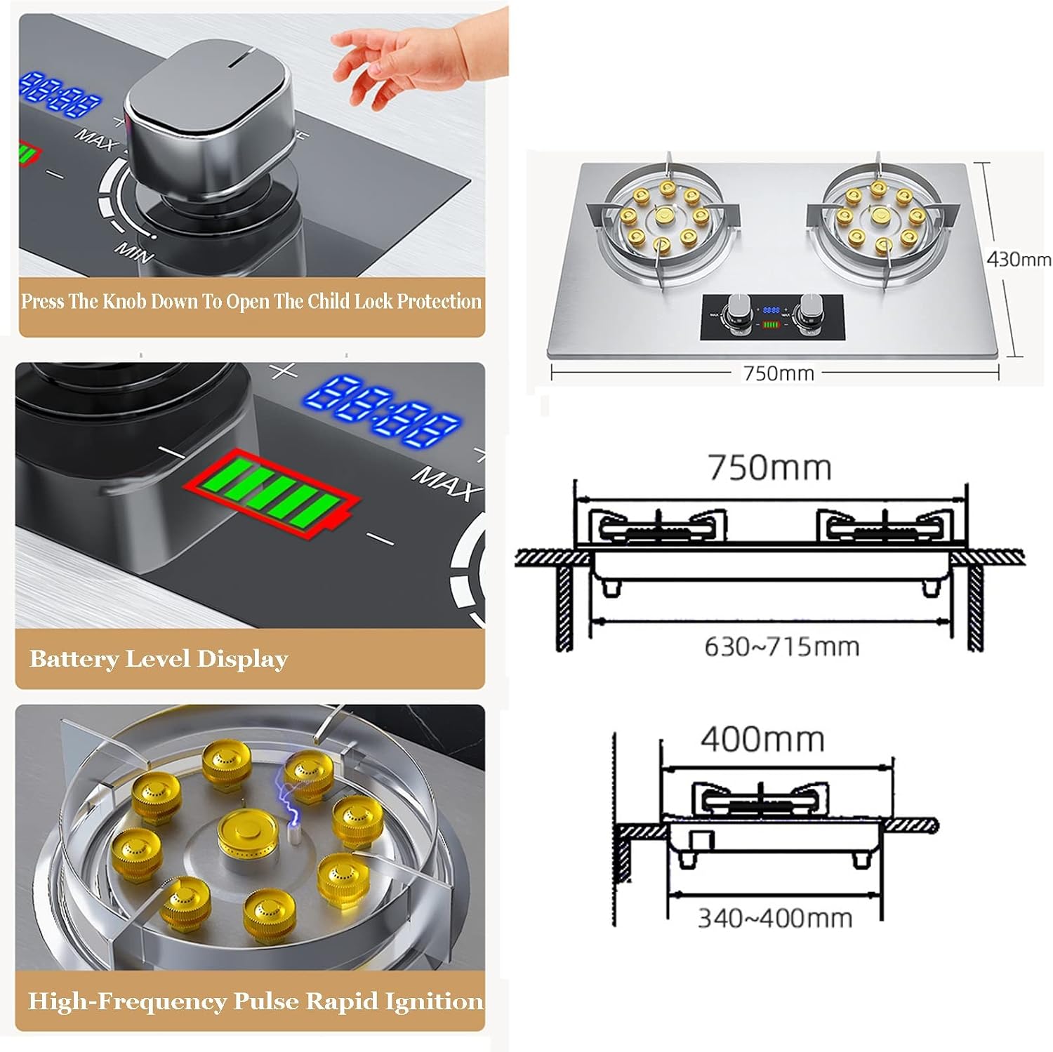 Gas Stove,17760 BTU Stainless Steel Tabletop/built-in Gas Cooktop 2 Burners,Nine-chamber High Flame,Timer Off LPG/NG (Size : LPG), 18648