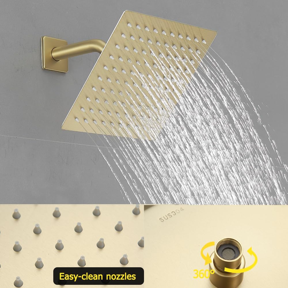 Brushed Gold Shower System 8 Inch Bathroom Luxury Rain Mixer Shower Combo Set Wall Mounted Rainfall Shower Head and Handheld System Shower Faucet Set Rough-in Valve Body and Trim Kit