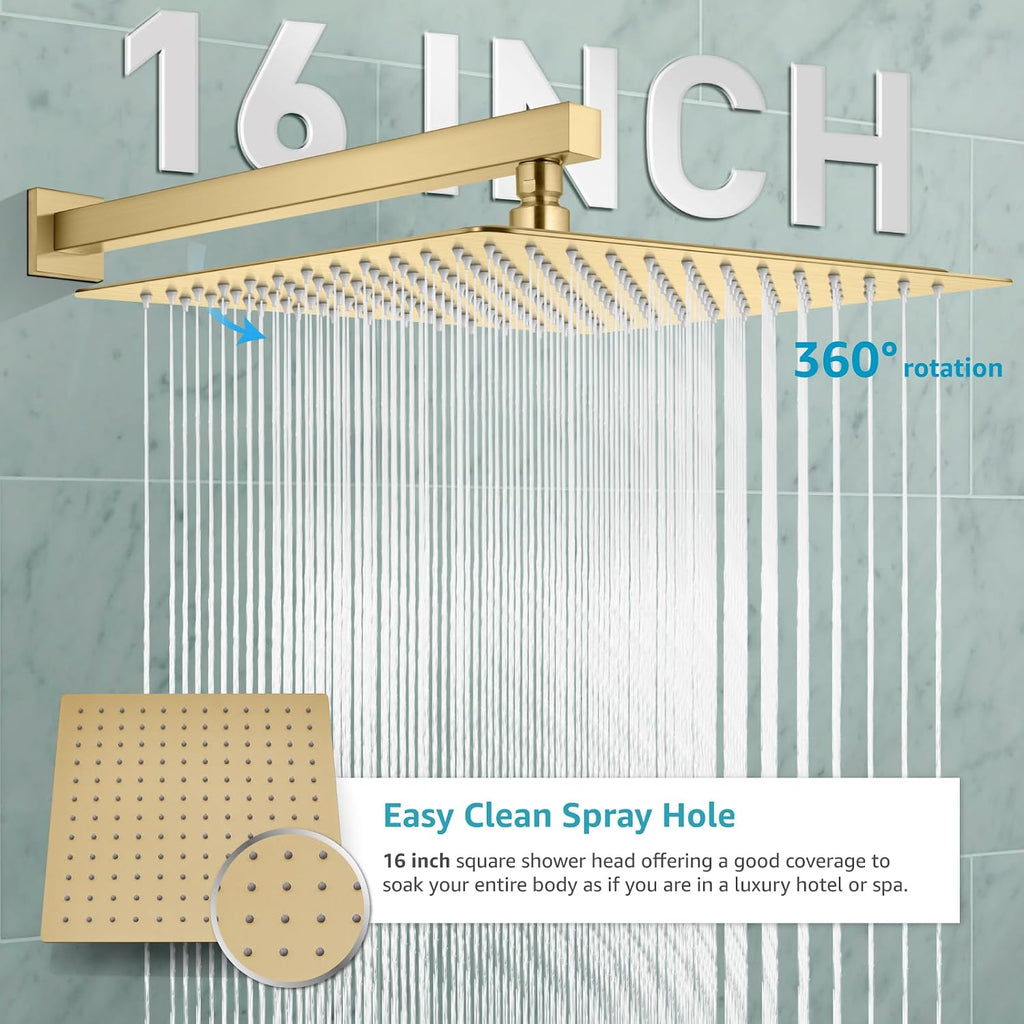 gotonovo Rainfall Bathroom Shower System Rain Shower Head and Handle Set Wall Mounted Shower Complete Combo Solid Brass Pressure Balancing Shower Mixer Valve 16 Inch Brushed Gold