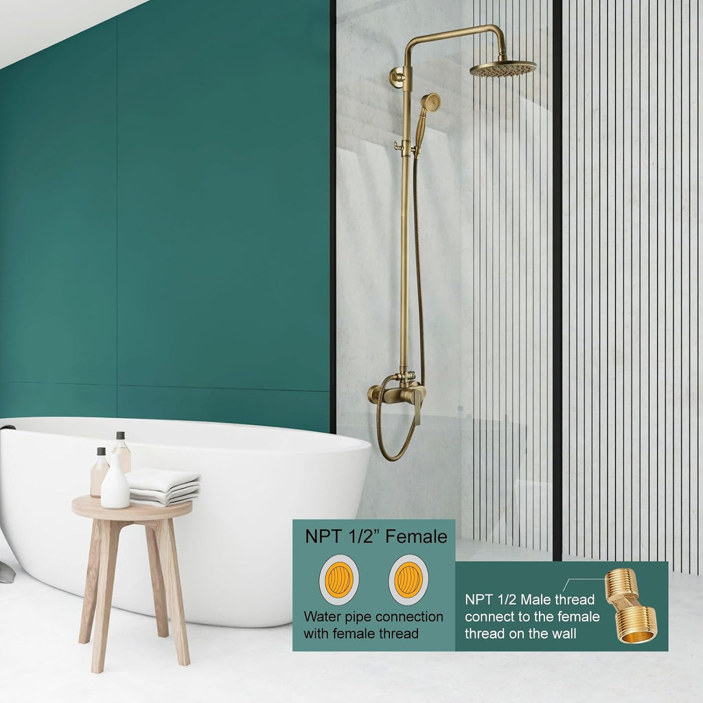 Heyalan Antique Brass Exposed Pipe Shower System 8 Inch Rainfall Shower Head Brass Fixture Combo Set Single Handle Handheld Sprayer Bathroom Shower Faucet Dual Functions