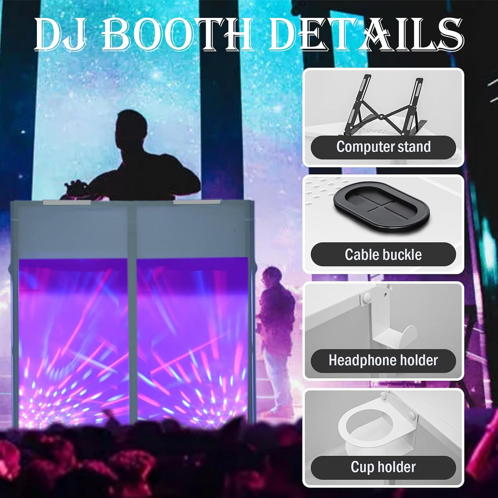 Portable DJ Booth Facade,DJ Table,Heavy-Duty DJ Table Stand Portable Booth,Iron Plate Surface DJ Facade Booth,with Carry Bag & Hook & Cup Holder (41.3'L x 20.4'W x 43.3'H)