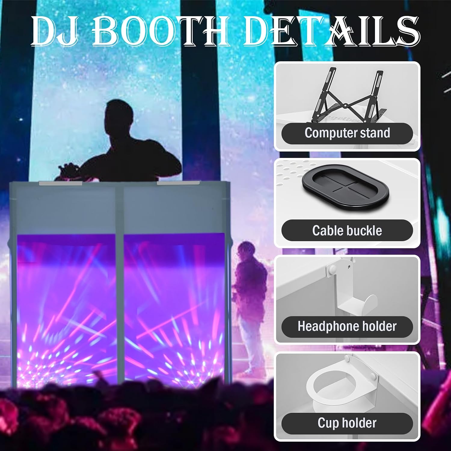 Portable DJ Booth Facade,DJ Table,Heavy-Duty DJ Table Stand Portable Booth,Iron Plate Surface DJ Facade Booth,with Carry Bag & Hook & Cup Holder (41.3'L x 20.4'W x 43.3'H)