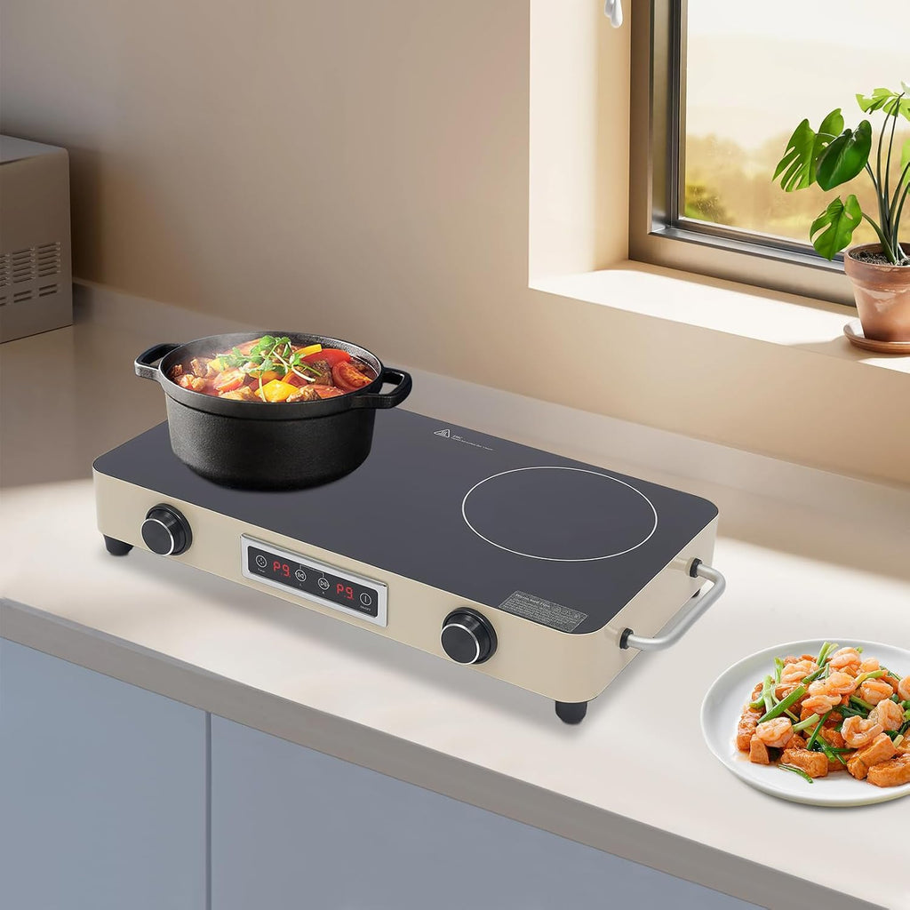 Electric Cooktop Double-burner 10'' Electric Stove Top with Knob Control Electric Countertop Burner with Kids Lock & Timer Cooktop with Plug in Over-Temperature Protection for Kitchens Rvs Apartments