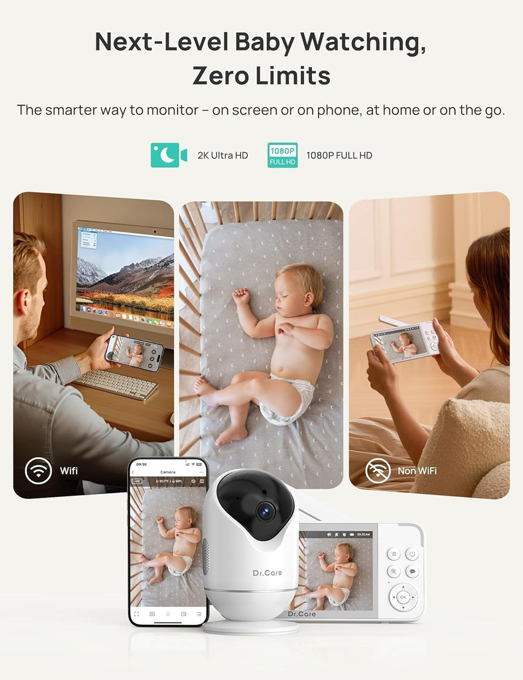 Dr.Care VistaView 5' Smart WiFi Baby Monitor with 2 Camaras - 2K Camera App Control & 1080P Split Screen, Cry & Motion Detection, Pan-Tilt-Zoom, HD Night Vision, Video Recording, Triple Security