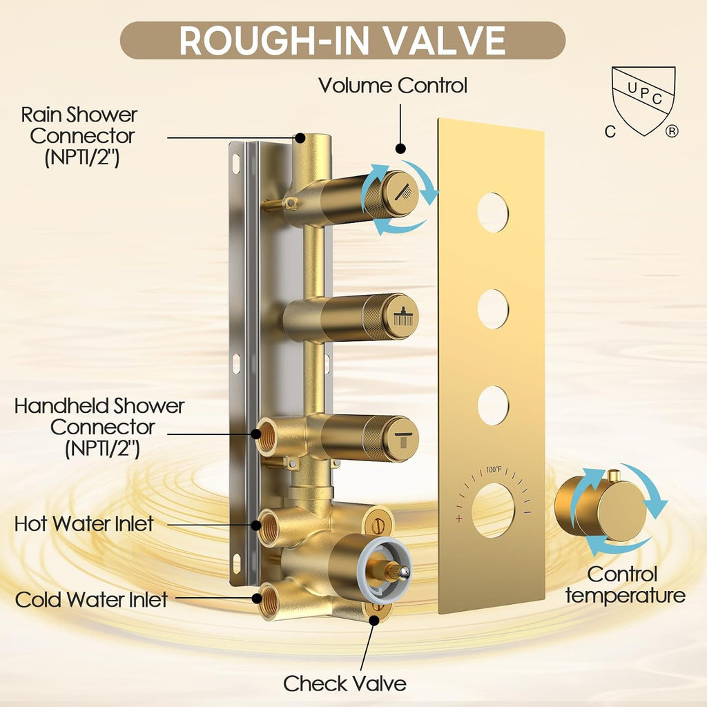 Thermostatic Dual Shower System Brushed Gold,Push Button Diverter Rainfall Shower Faucet Set with 2 in 1 Handheld Spray,12'' Ceiling Mount and 6'' Wall Mount Rainfall Shower System