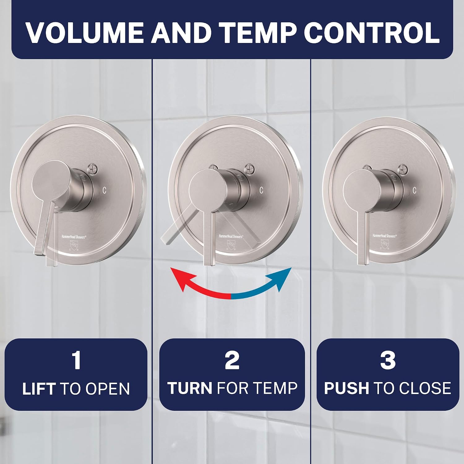 HammerHead Showers Solid Metal Single-Handle Trim Kit with Rough-In Shower Valve, Volume and Temperature Control, Pressure Balance, Brushed Nickel