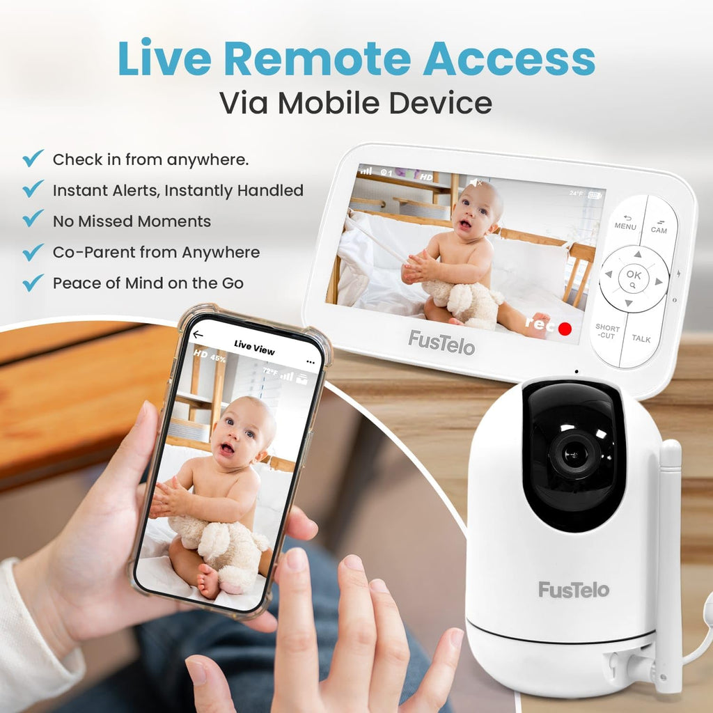 Smart WiFi Baby Monitor with 5' OLED Screen & Camera, 1080P HD, 360° Pan/Tilt, 4X Zoom, Two-Way Audio, Cry & Motion Alerts, Night Vision, Temperature Sensor, Long-Battery, App & Screen View