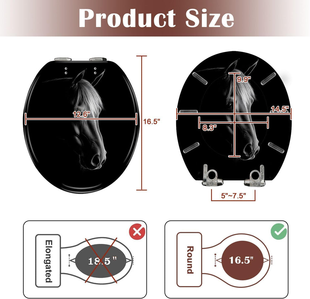 Round Toilet Seat horse Resin Toilet Seat Slow Quiet Close Lid with Quick-Release Hinges Cover Bumpers Easy to Clean Install