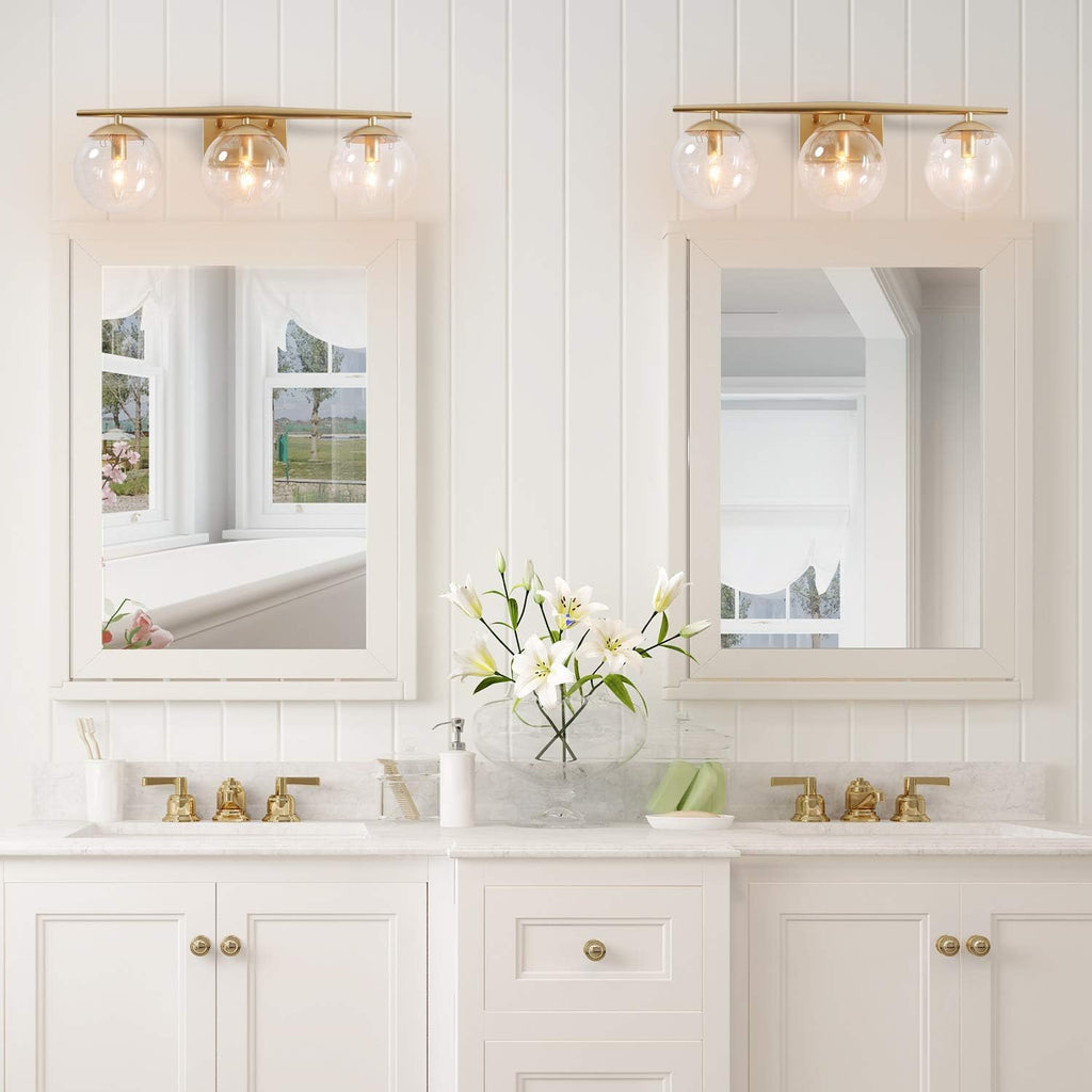 KSANA Gold Vanity Light,3 Modern Bathroom Fixture with Clear Globe Glass Shades and Taper Arm
