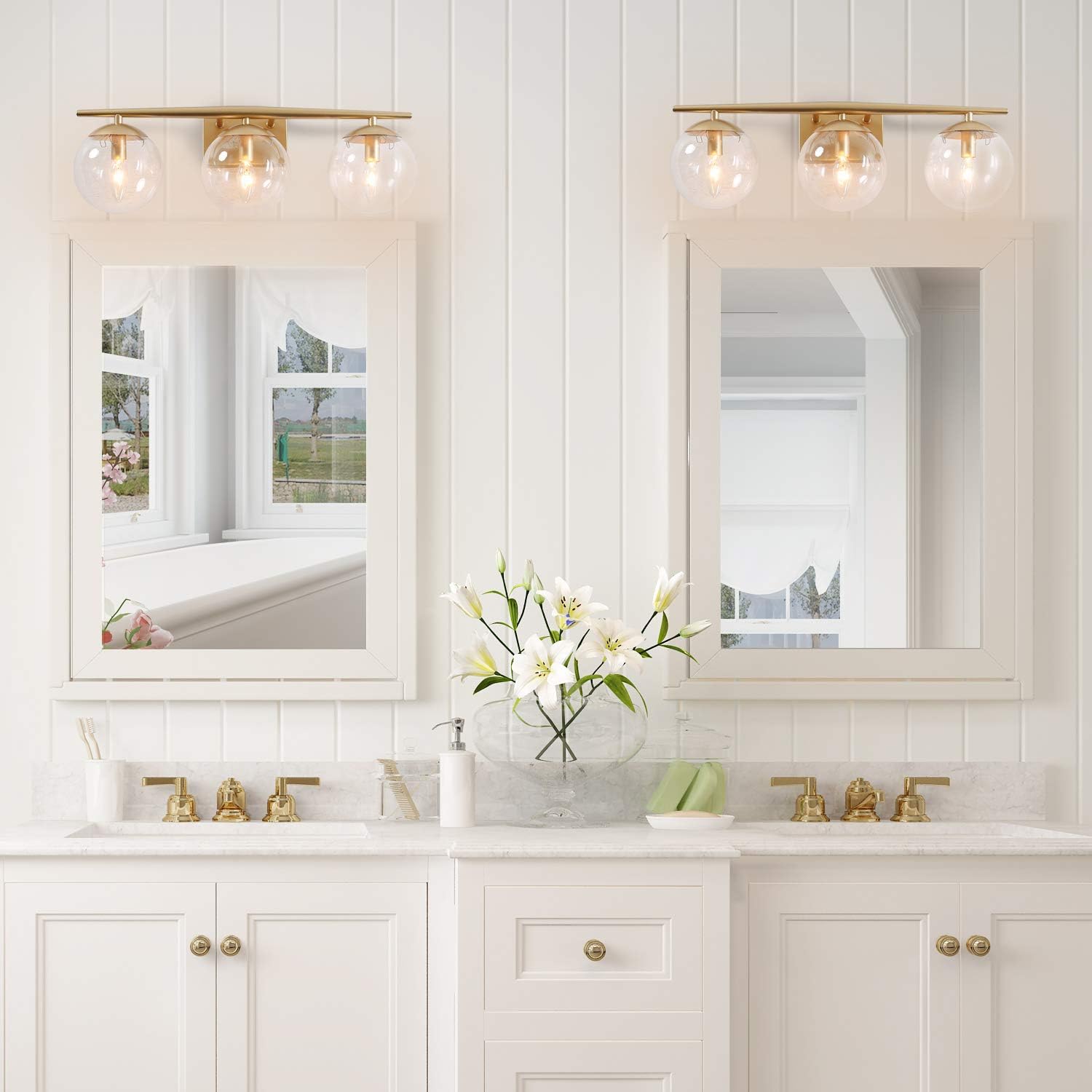 KSANA Gold Vanity Light,3 Modern Bathroom Fixture with Clear Globe Glass Shades and Taper Arm