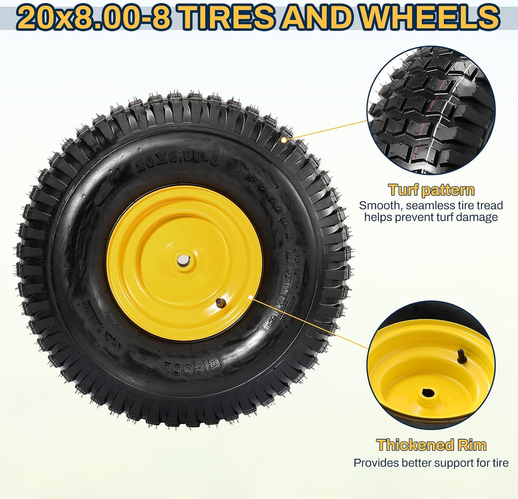 2PCS 20x8.00-8 Rear Tire and Wheel Assemblies, 3/4' Borehole, 3.5' Offset Hub and 3/16' Keyway, 4 Ply, 905lbs Capacity, Replacement for Riding Lawn Mowers