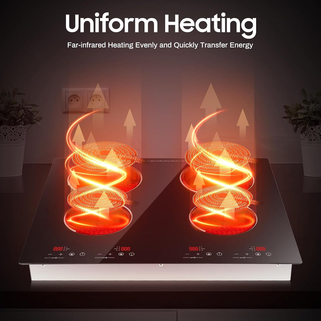 4 Burner Electric Cooktop, 3000W 110V Electric Stove Countertop & Built-in, Ceramic Stove Top with 9 Heating Level and Sensor Touch Control for Kitchens Cabins, No Plug