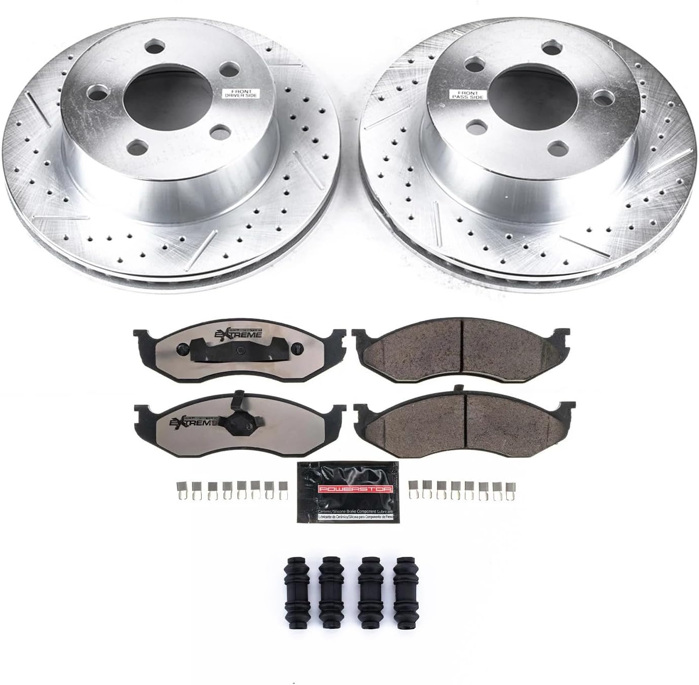 PowerStop Front Brake Kit For Jeep Cherokee 1999-01 | Jeep Wrangler 1999-06 - Truck & Tow Carbon Fiber Ceramic Brake Pads + Drilled & Slotted Rotors Upgrade, K2152-36
