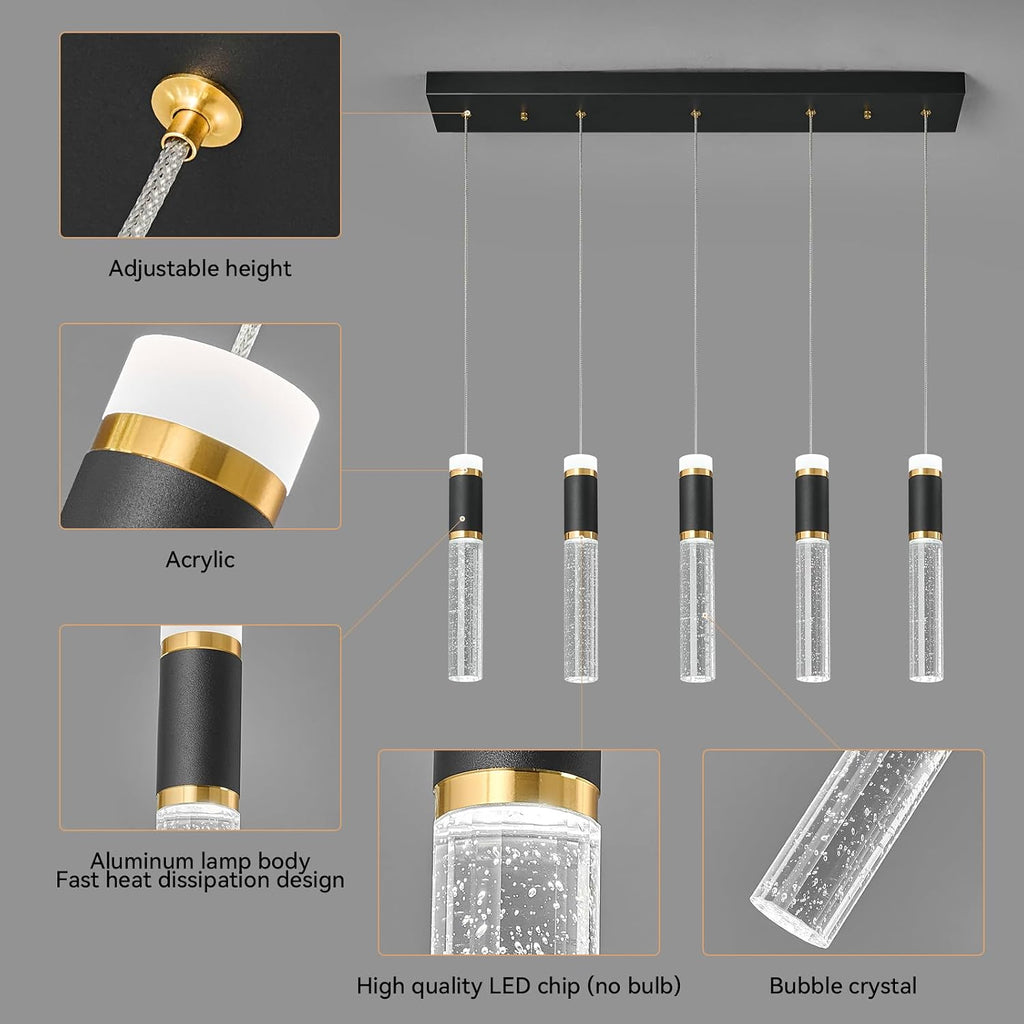 Pendant Lights Kitchen Island, Dimmable LED Pendant Light Fixtures, Black Gold Pendant Light Modern with Bubble Crystal Pendant Light, Pendant Lighting for Kitchen Island Dining Room 5-Light