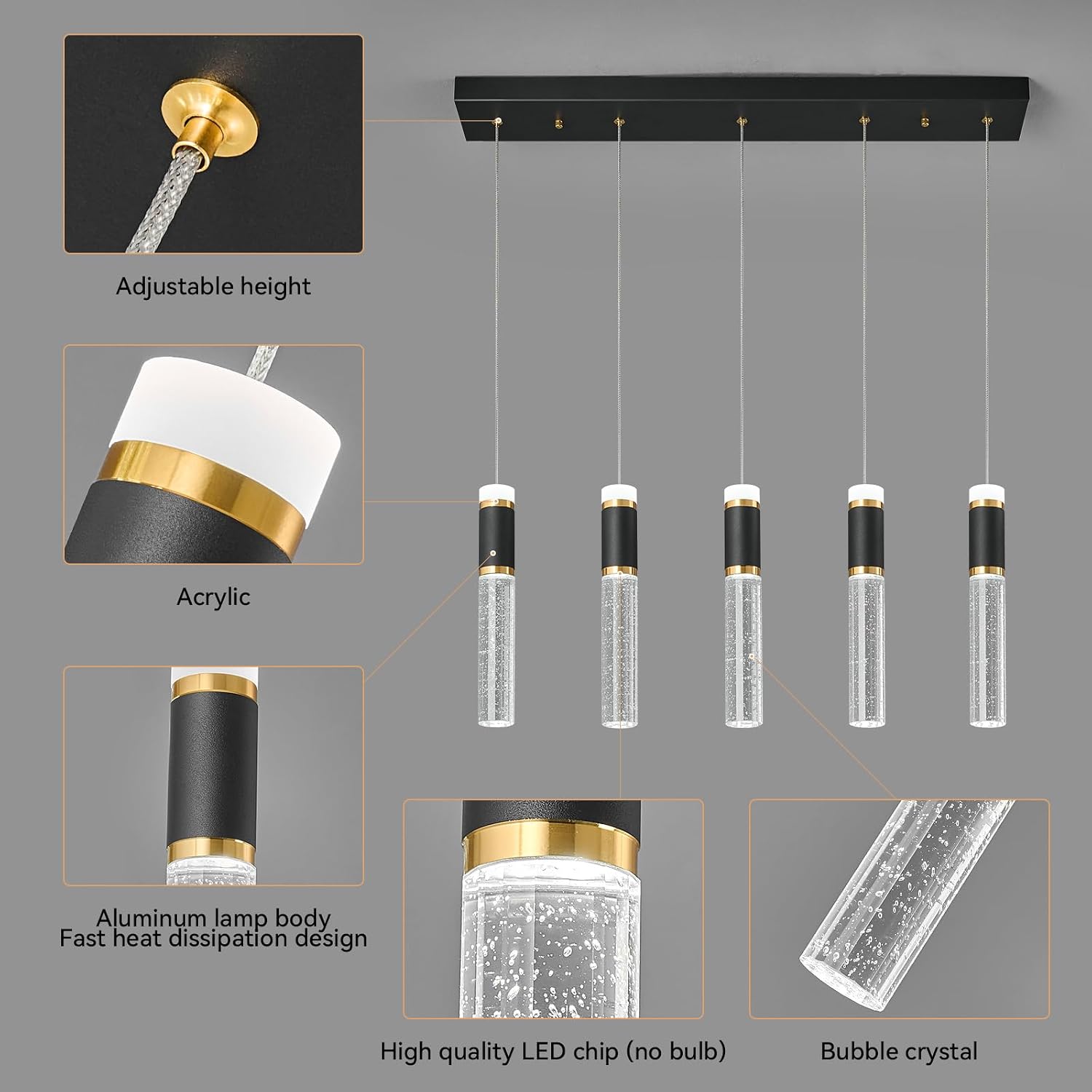 Pendant Lights Kitchen Island, Dimmable LED Pendant Light Fixtures, Black Gold Pendant Light Modern with Bubble Crystal Pendant Light, Pendant Lighting for Kitchen Island Dining Room 5-Light