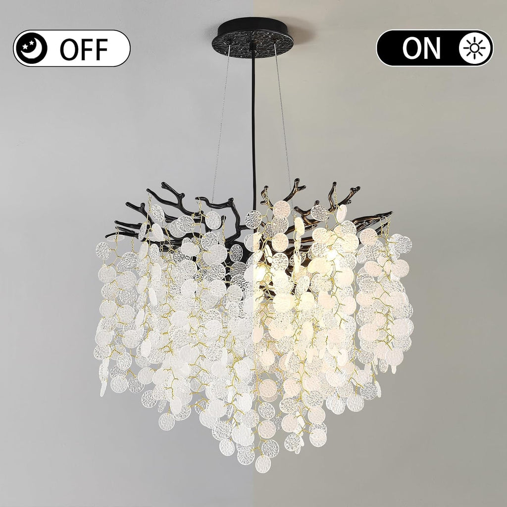 Capiz Shell Chandelier 18-Inch, Black Crystal Tree Branch Chandelier, 6-Light Coastal Light Fixture, Contemporary Entryway Chandeliers, for Dining Room Bedroom Foyer Bathroom