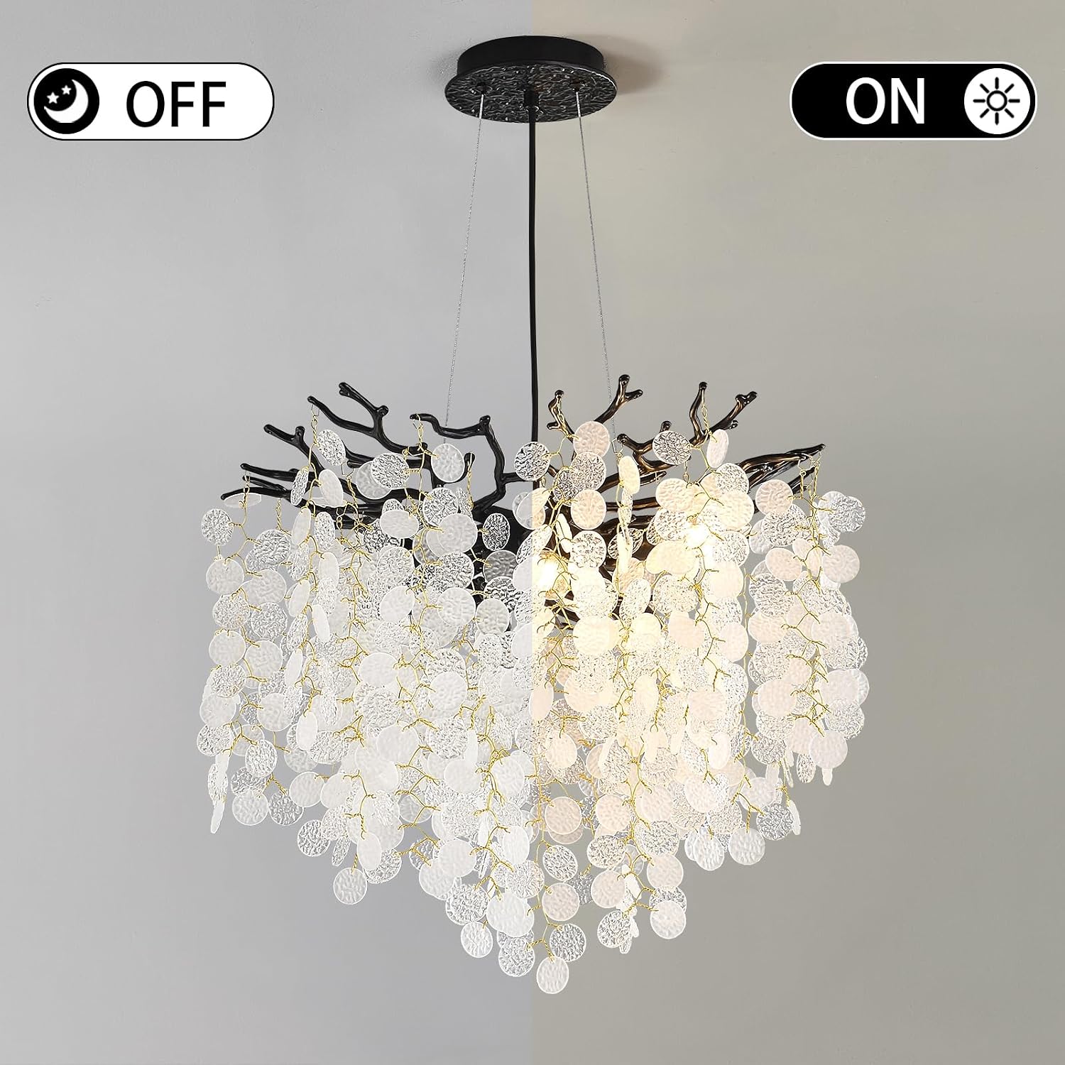Capiz Shell Chandelier 18-Inch, Black Crystal Tree Branch Chandelier, 6-Light Coastal Light Fixture, Contemporary Entryway Chandeliers, for Dining Room Bedroom Foyer Bathroom