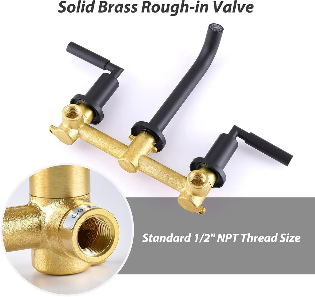RBROHANT Black Wall Mount Faucet with Pop up Drain Set for Sink Without Overflow, Matte Black Dual Handle Wall Mounted Bathroom Sink Faucet, Brass Rough-in Valve Included, RB0735D