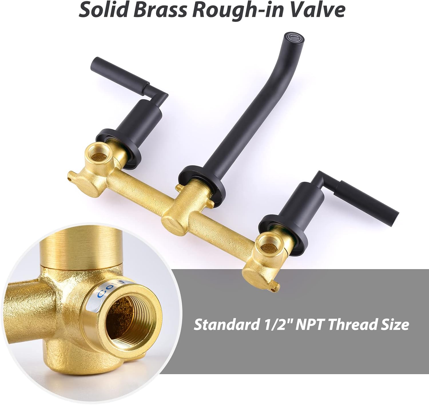RBROHANT Black Wall Mount Faucet with Pop up Drain Set for Sink Without Overflow, Matte Black Dual Handle Wall Mounted Bathroom Sink Faucet, Brass Rough-in Valve Included, RB0735D