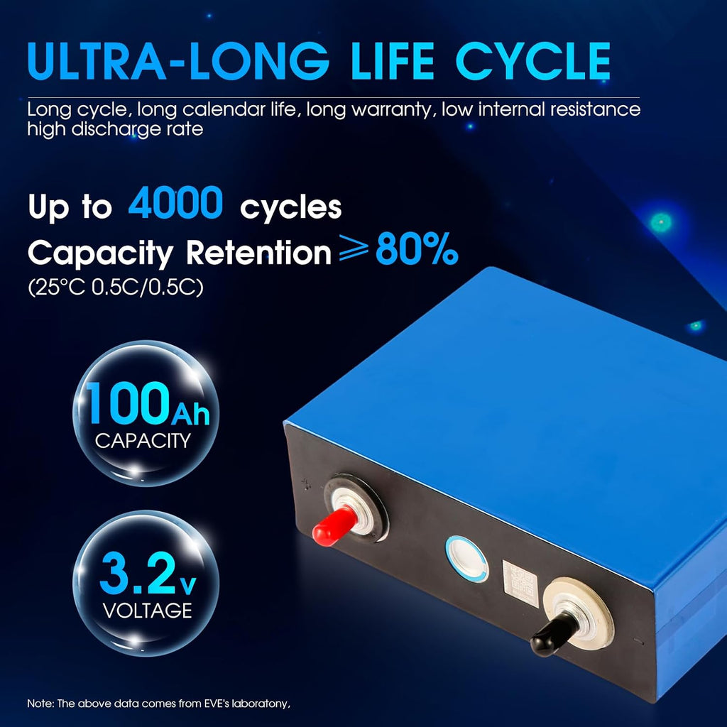 EVE 3.2V 100Ah 4pcs LiFePO4 Cells Lithium Battery Iron Phosphate Deep Cycle Battery, Power Supply for RV, Boat, Golf Cart, Motor, UPS, Fish Finder, Lawn Mower, Off Grid, Solar Systems, etc.