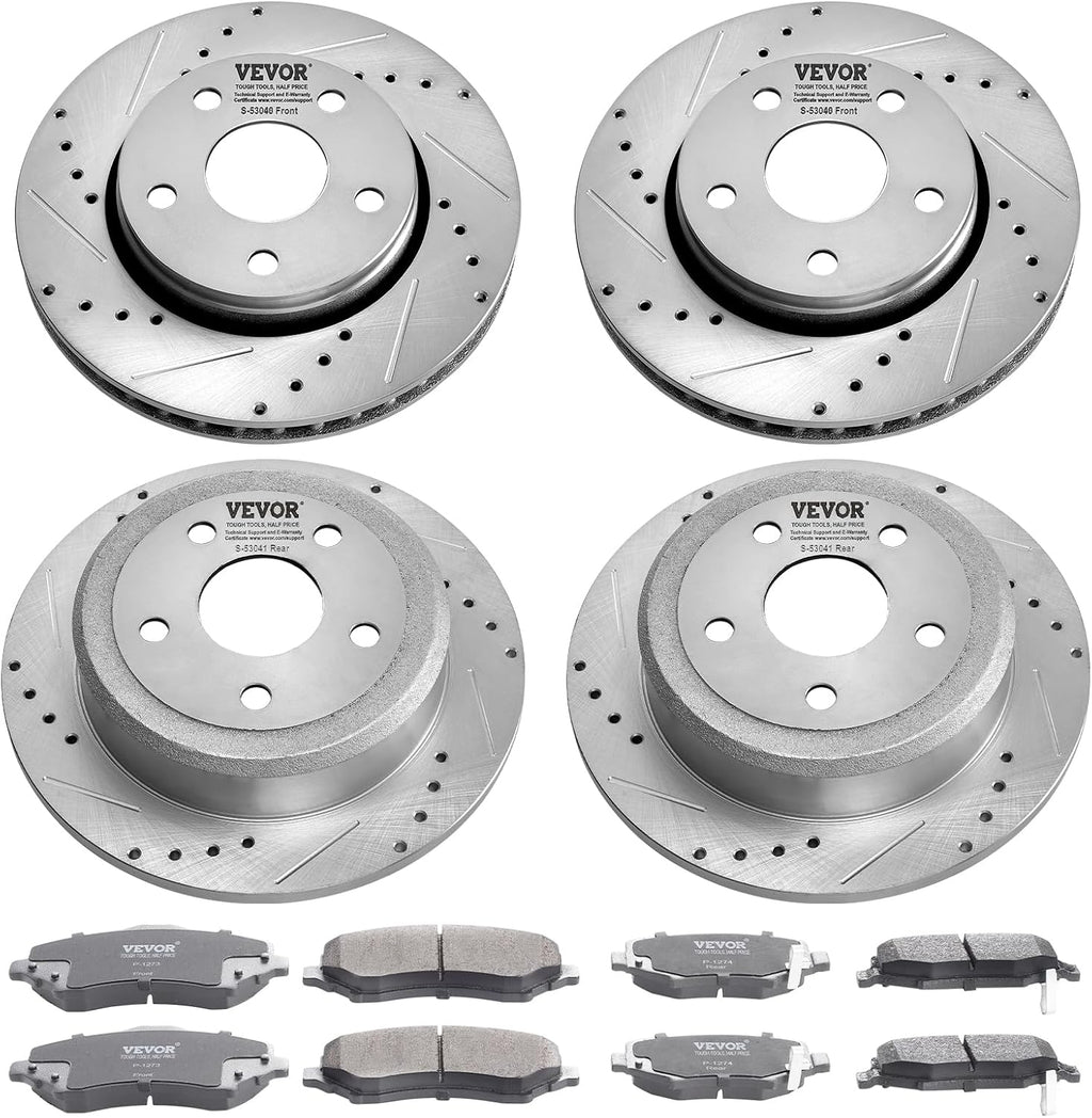 VEVOR Front and Rear Brake Kit Compatible with 2007-2017 Jeep Wrangler, Drilled and Slotted Brake Rotors Ceramic Brake Pads Replacement, 11.9' Front Rotors 12.4' Rear Rotors