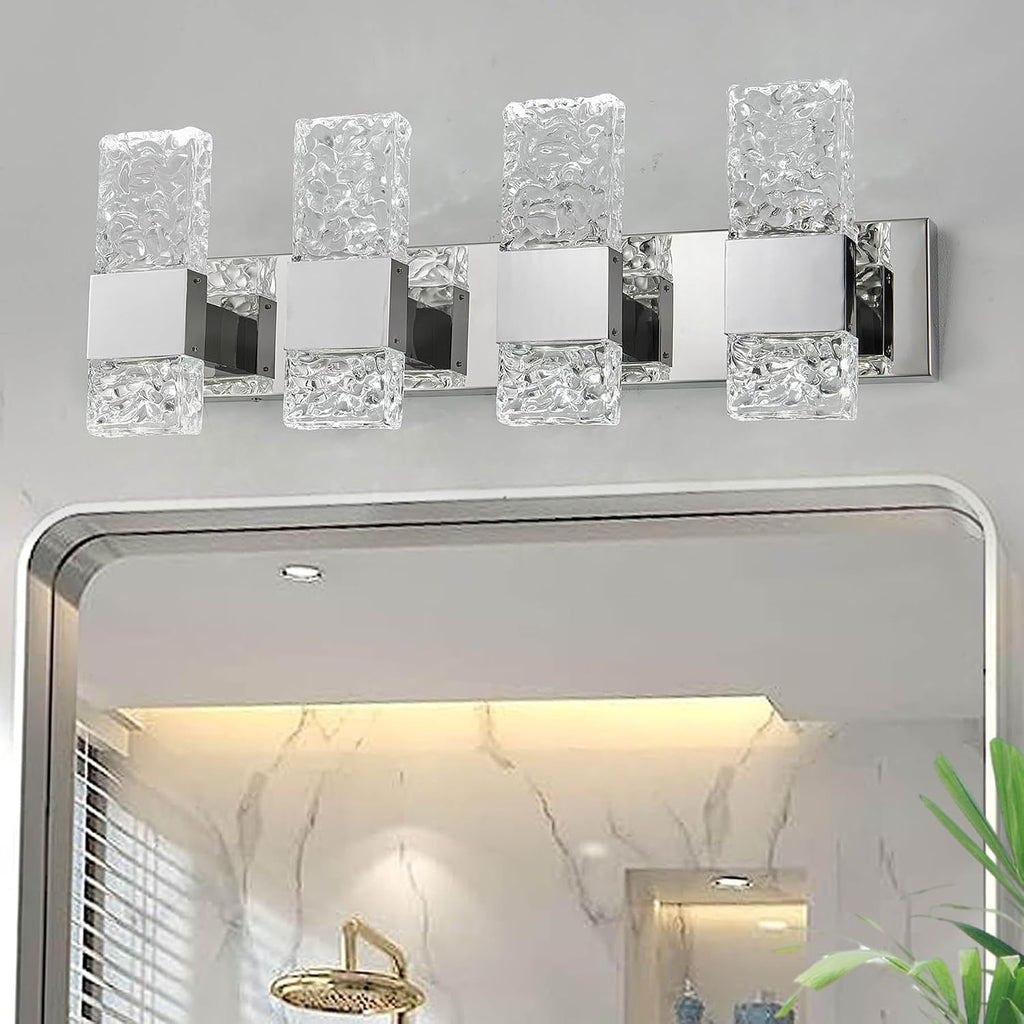 Modern LED Bathroom Vanity Light Fixtures Chrome Stainless Steel 4 Light Wall Sconces Over Mirror 28 Inch 40w Crystal Cool White 5800K Dimmable