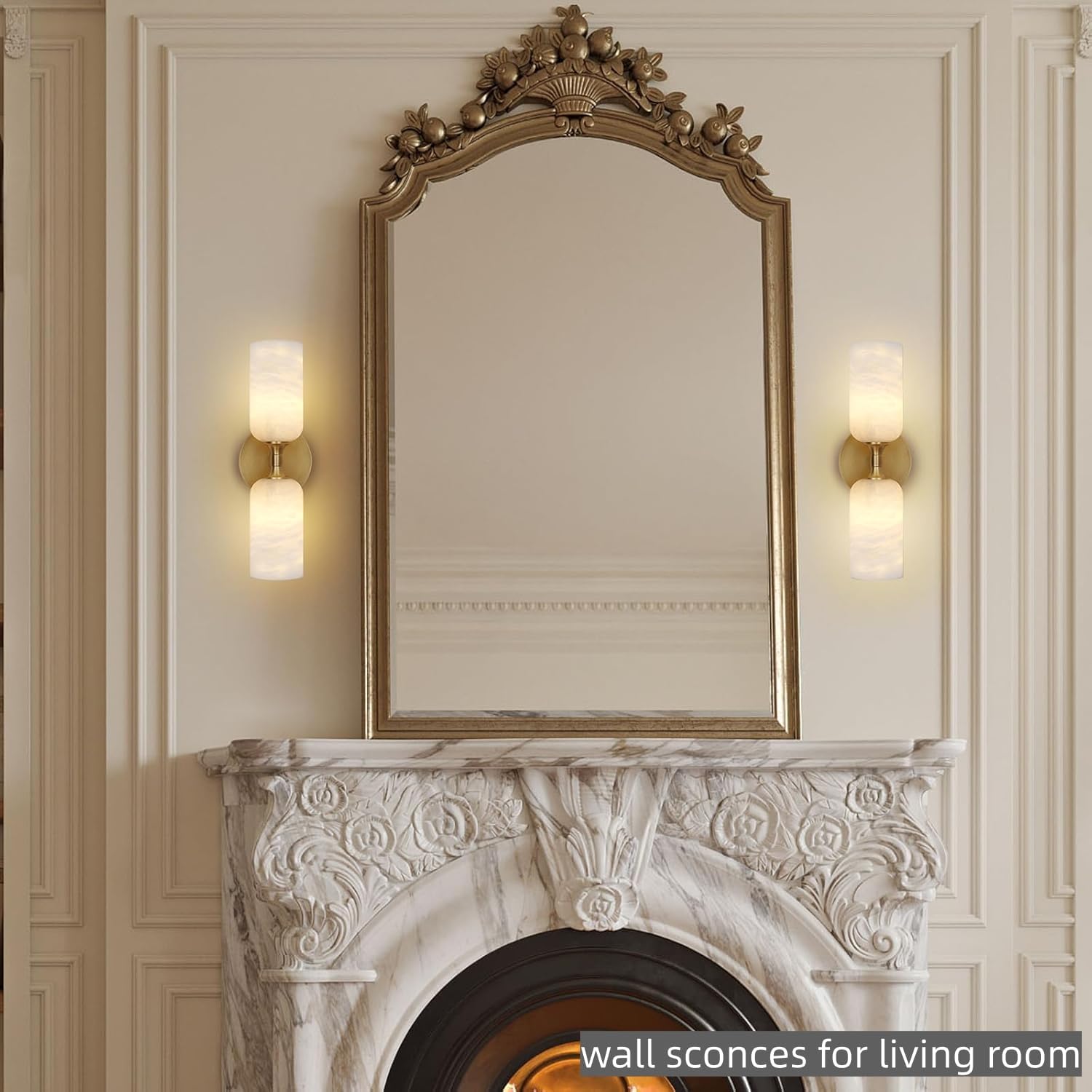 Gold Alabaster Wall Sconces Set of 2, 14in Spanish Natural Marble Sconce, Modern Stone Wall Light, Dimmable Alabaster Vanity Light Hardwired Brass Wall Lamp for Bathroom Mirror, Bedroom, Hallway