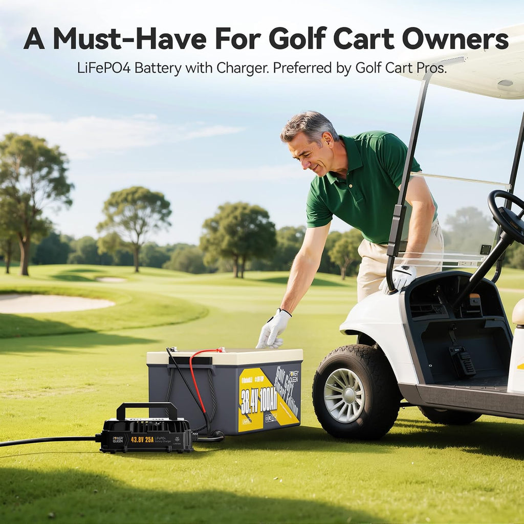 Power Queen 36V 100Ah Lithium Golf Cart Battery Kit with 25A Waterproof Charger,LCD 500A Monitor, Bluetooth & Low Temp Protection, 15000+ Cycles for 36V-72V Electric Outboard Motor, Marine, Golf Cart