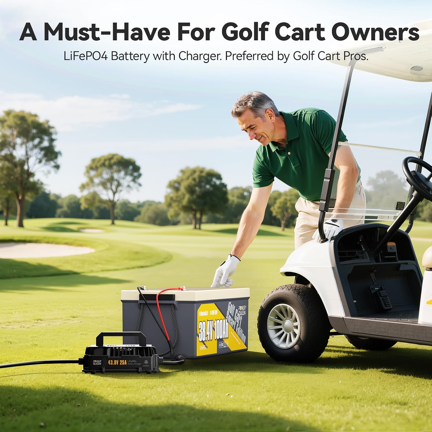 Power Queen 36V 100Ah Lithium Golf Cart Battery Kit with 25A Waterproof Charger,LCD 500A Monitor, Bluetooth & Low Temp Protection, 15000+ Cycles for 36V-72V Electric Outboard Motor, Marine, Golf Cart